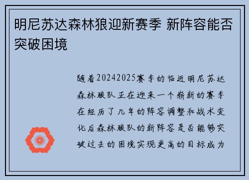 明尼苏达森林狼迎新赛季 新阵容能否突破困境