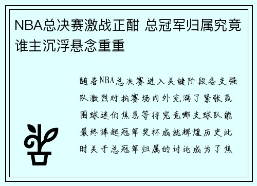 NBA总决赛激战正酣 总冠军归属究竟谁主沉浮悬念重重