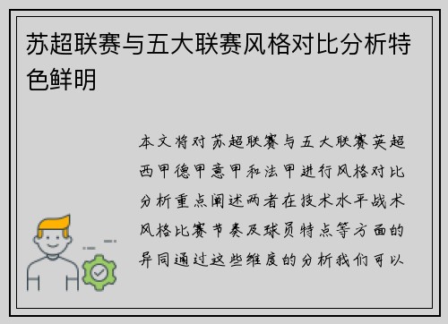 苏超联赛与五大联赛风格对比分析特色鲜明