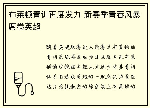 布莱顿青训再度发力 新赛季青春风暴席卷英超